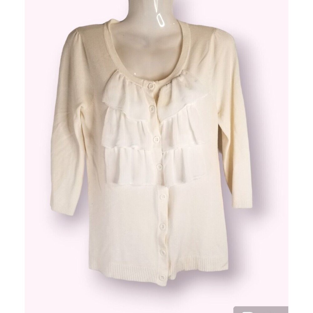 Women's Knit Sweater Isabella Rodriguez Off White Ruffle Front Button Size S
